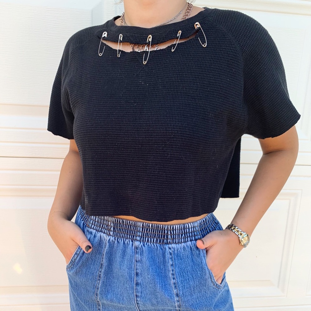 Upcycled & Cropped Black Safety Pin Crop Top